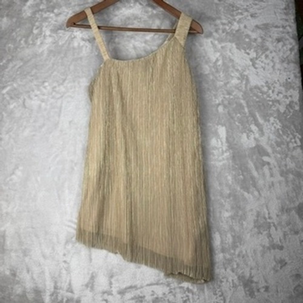 Gold Metallic Pleated Asymmetrical One Shoulder Dress Women's Party